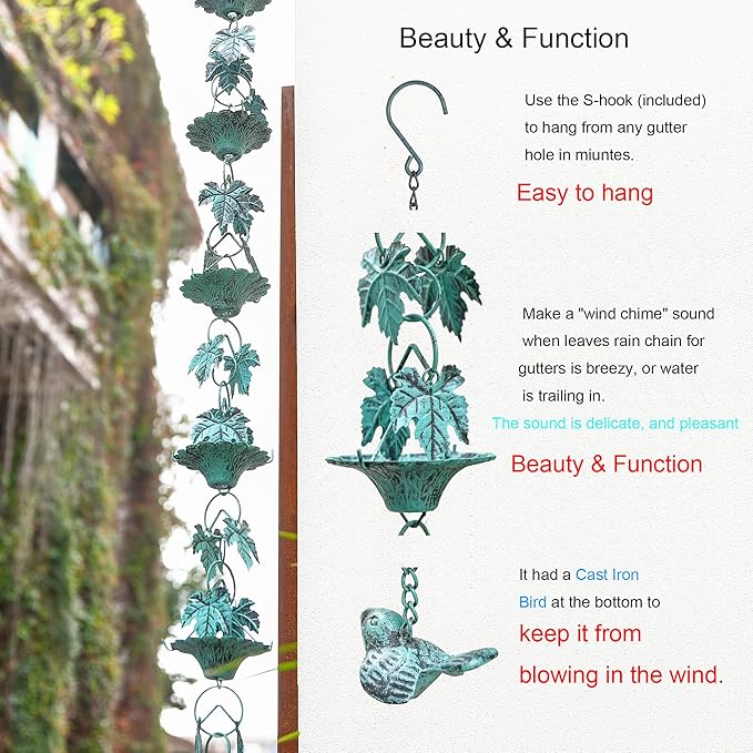 Antique Blue Leaves with Cup Rain Chain for Gutters, Functional and Decorative Replacement Downspout Chain for Outside, Metal Rain Catcher Chain, 8.5FT