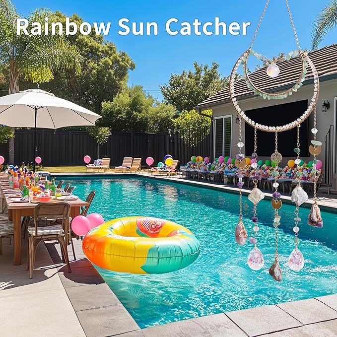 Crystal Sun Catcher Rainbow Maker with Natural Green Stones and Various Crystal Shapes Unique Window Decoration for Home or as a Gift, Stunning Light Refraction and Colorful Display