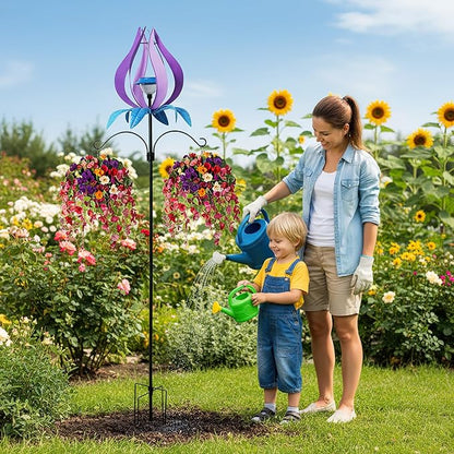 Multi-Functional Yard Wind Spinners with Solar Lights Outdoor Garden,YNGFIL Large Ornaments Outdoor with Double Shepherds Hooks and Coconut Fiber Liner Hanging Planters (83 in)