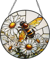 Stained Glass Window Hanging, Bee Circular Painted Glass Suncatcher with Chain & Suction Cup for Home Garden Door Decor, Birthday for Women Men Mom 7.8 in