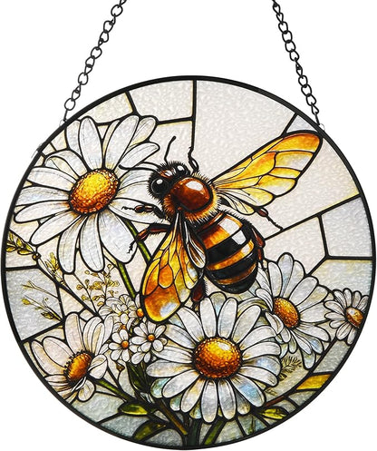 Stained Glass Window Hanging, Bee Circular Painted Glass Suncatcher with Chain & Suction Cup for Home Garden Door Decor, Birthday for Women Men Mom 7.8 in