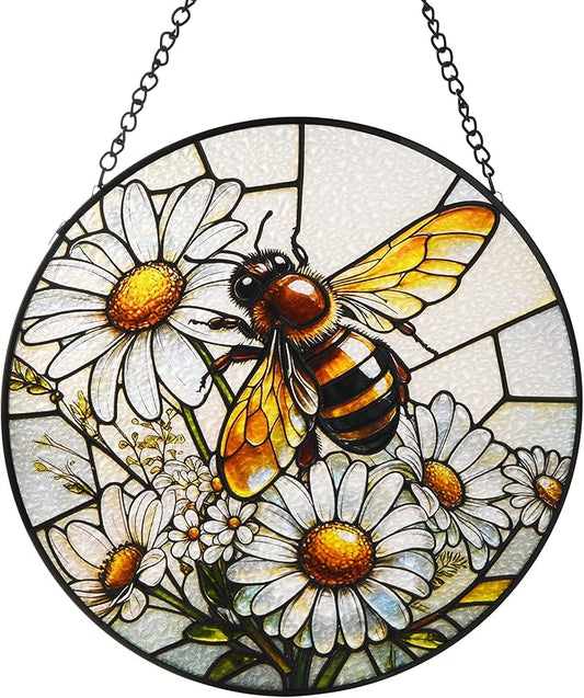 Stained Glass Window Hanging, Bee Circular Painted Glass Suncatcher with Chain & Suction Cup for Home Garden Door Decor, Birthday for Women Men Mom 7.8 in