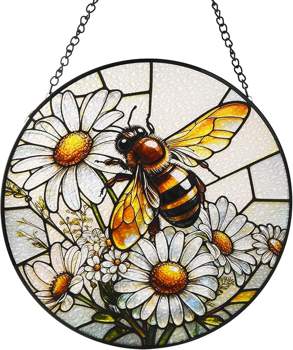 Stained Glass Window Hanging, Bee Circular Painted Glass Suncatcher with Chain & Suction Cup for Home Garden Door Decor, Birthday for Women Men Mom 7.8 in