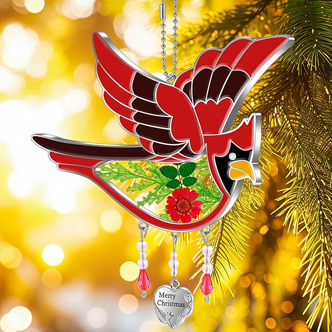 KY&BOSAM Merry Christmas Cardinal Suncatcher Stained Glass with Pressed Real Drived Flowers and Metal Heart Charm Wind Chime Hanings Ornament for Windows Gift for Women Mom Nana Christmas Home Decor