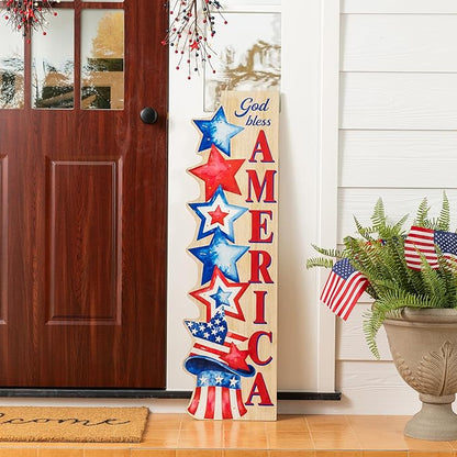 Glitzhome Patriotic Porch Sign, 4th of July Independence Day Welcome Sign with Timer, Memorial Day 42"H Farmhouse Wooden "AMERICA" Porch Decor Hanging Sign Front Door Porch, Standing Home Decor
