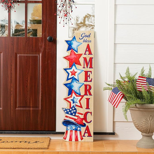 Glitzhome Patriotic Porch Sign, 4th of July Independence Day Welcome Sign with Timer, Memorial Day 42"H Farmhouse Wooden "AMERICA" Porch Decor Hanging Sign Front Door Porch, Standing Home Decor