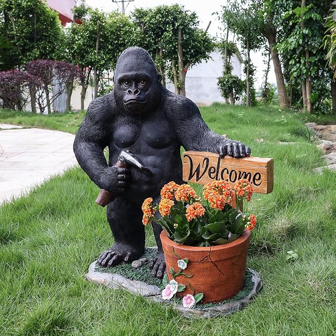 Gorilla Resin Garden Statue Planter, Waterproof Outdoor Yard Lawn Decor Flower Pot, Front Porch Ornament Housewarming Gift(Standing Gorilla)