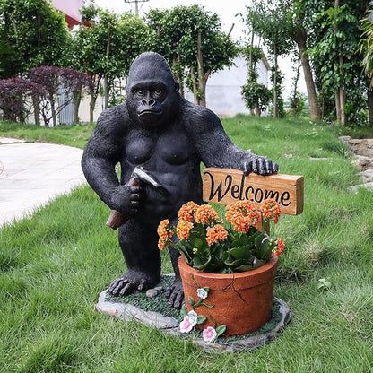 Gorilla Resin Garden Statue Planter, Waterproof Outdoor Yard Lawn Decor Flower Pot, Front Porch Ornament Housewarming Gift(Standing Gorilla)