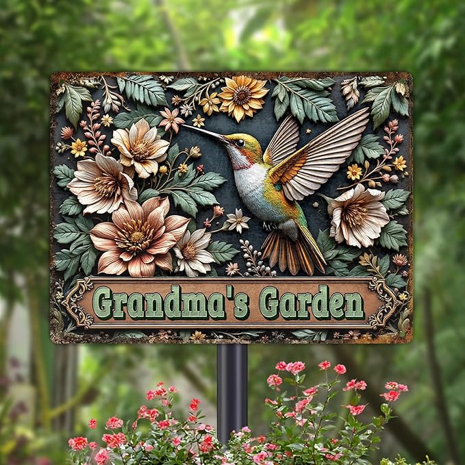 Custom Garden Signs Personalized Metal Tin Sign for Women, Retro Hummingbird Metal Sign for Outdoor, Patio, Yard Rustic Home Decor Gift for Mothers Day, Grandmas, and Gardening Lovers