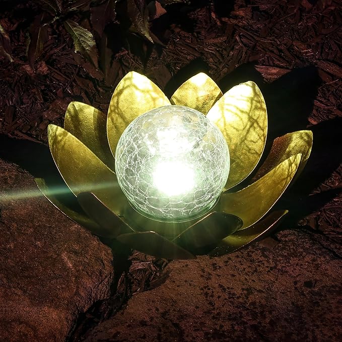 MCSLOTUS-G Gold Lotus Flower Solar LED Garden Light with Crackled Glass Globe – Waterproof Metal Outdoor Décor