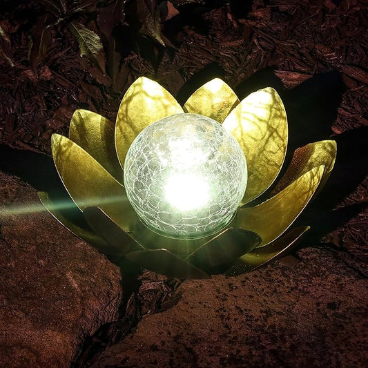 MCSLOTUS-G Gold Lotus Flower Solar LED Garden Light with Crackled Glass Globe – Waterproof Metal Outdoor Décor