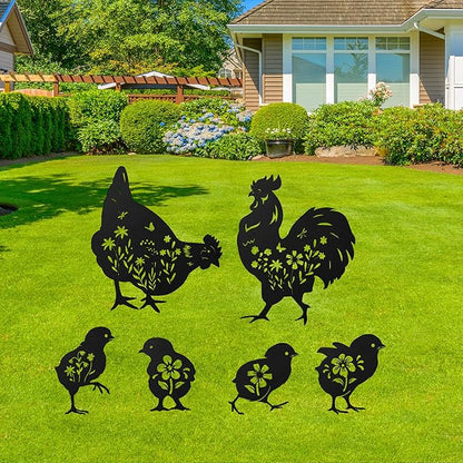 Romart Chicken Silhouette Garden Stakes Decorations - 6 Pcs Metal Chicken Animals Statues, Black Rustic Animal Sculpture Set, Yard Art for Outdoor Garden & Patio Lawn