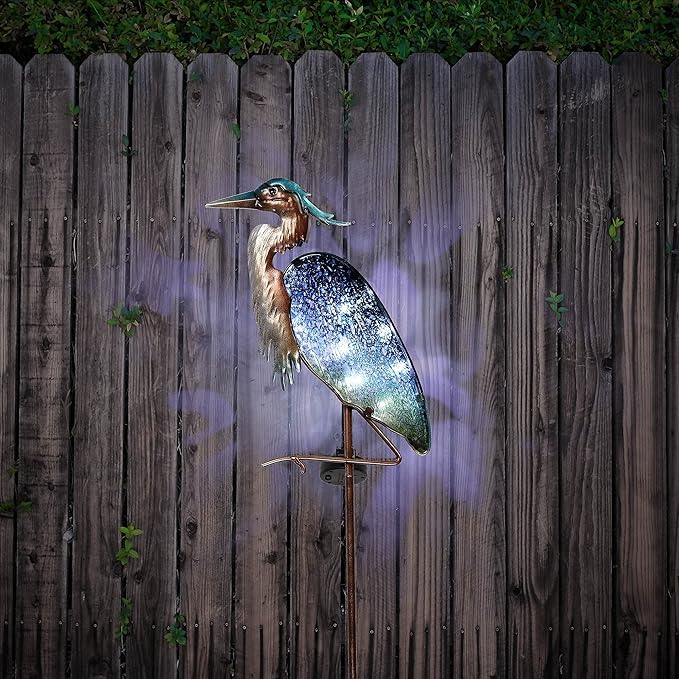 TERESA'S COLLECTIONS 42 inch Glass Blue Heron Solar Stake Light + Metal Pelican Statue for Garden Decor, Decorative Bird Art Sculpture Ornaments for Patio Lawn Backyard Outdoor Decorations