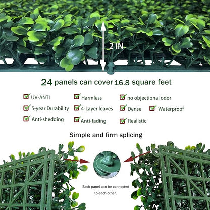 ODTORY Artificial Grass Wall Backdrop Panels: 10 by 10 in (24 Pcs) UV-Anti Greenery Boxwood Panels for Indoor Outdoor Green Wall Decor & Ivy Fence Covering Privacy