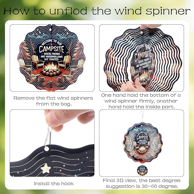 Metal Wind Spinners Outdoor - 3D Hanging Wind Spinner Camping Decor 12 Inch Kinetic Spinning Art Sculpture Welcome to Our Campsite Ornaments for Patio Lawn Garden Yard Gifts for Friends