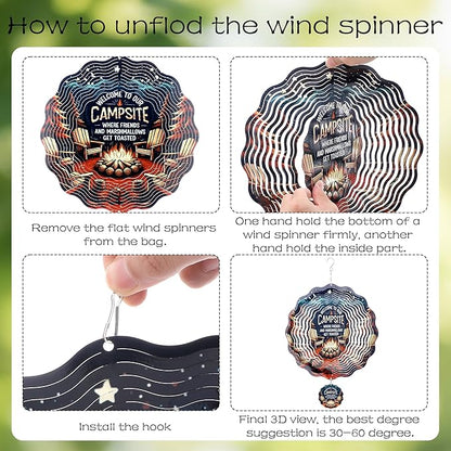 Metal Wind Spinners Outdoor - 3D Hanging Wind Spinner Camping Decor 12 Inch Kinetic Spinning Art Sculpture Welcome to Our Campsite Ornaments for Patio Lawn Garden Yard Gifts for Friends