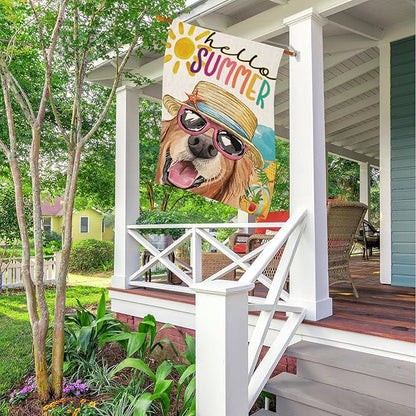 Hello Summer House Flags for Outdoor Decoration, Dog with Sunglass Beach Sun Hat Large Yard Flag, Seasonal Decorative Celebration Decor for Spring Farmhouse Holiday Outside 28x40 Inch Vertical Double Sided