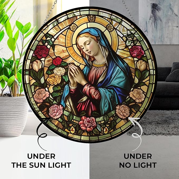 Virgin Mary Stained Glass Window Hanging Stained Glass Suncatcher Birthday Gift for Mom Grandma Teacher Women Friend Memorial Hook