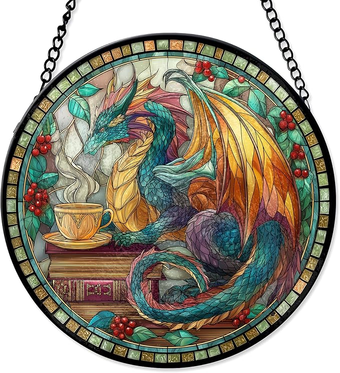 7.8" Dragon Suncatcher Stained Glass Window Hanging Fantasy Book Sun Catchers Celestial Reading Ornament Wall Art Home Room Library Decor Birthday for Readers Women Men
