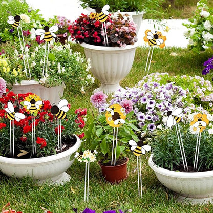 Bee Garden Stake Decor - 12 Pcs Yellow Working Bee Art Stick Floral Picks Garden Yard Metal Decorative Stake Sign Spring Summer Outdoor Backyard Pathway Lawn Plant Flower Pots Decoration