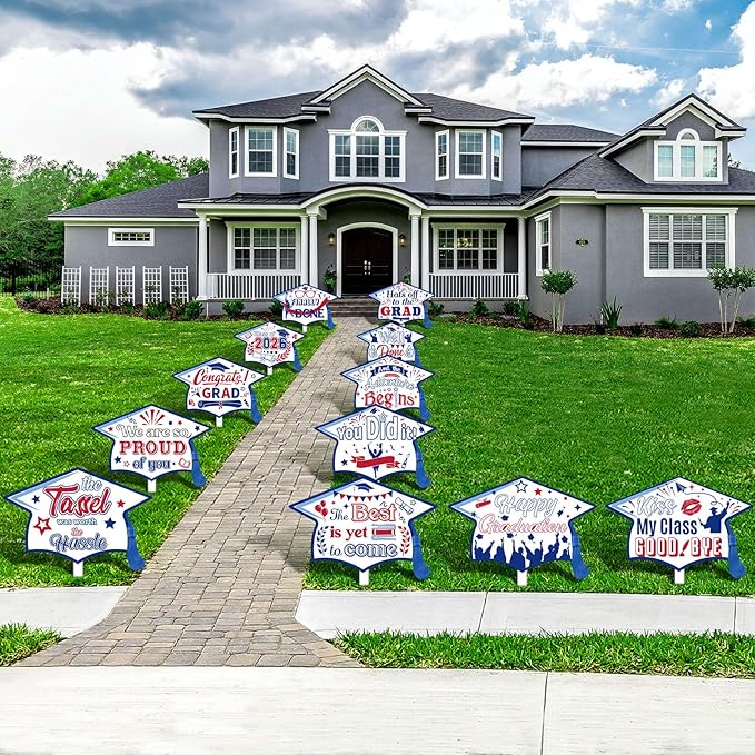 Chunful 12 Pack Graduation Yard Signs Grad Decoration 2026 Happy Graduate Lawn Garden Sign with Stake Congrats Outdoor Plastic Cap Hanging Ornament for Class Pathway Walkway Porch Party(Red Blue)
