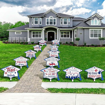 Chunful 12 Pack Graduation Yard Signs Grad Decoration 2026 Happy Graduate Lawn Garden Sign with Stake Congrats Outdoor Plastic Cap Hanging Ornament for Class Pathway Walkway Porch Party(Red Blue)