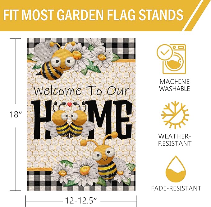 Furiaz Welcome to Our Home Bumble Bee Spring Summer Decorative Garden Flag, Daisy Yard Buffalo Plaid Check Home Outside Decorations, Flower Farmhouse Burlap Outdoor Small Decor Double Sided 12×18