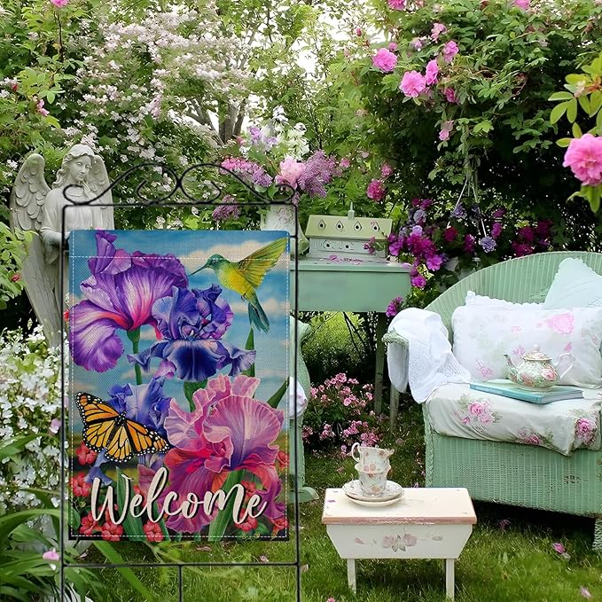 Hzppyz Welcome Spring Hummingbird Iris Garden Flag Double Sided, Purple Flower Bird Yellow Butterfly Decorative House Yard Outdoor Small Decor, Summer Floral Arrangement Home Outside Decoration 28x40