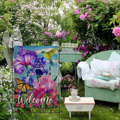 Hzppyz Welcome Spring Hummingbird Iris Garden Flag Double Sided, Purple Flower Bird Yellow Butterfly Decorative House Yard Outdoor Small Decor, Summer Floral Arrangement Home Outside Decoration 28x40