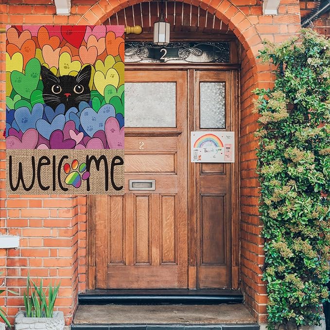 Louise Maelys Pride Month Garden Flag Rainbow Black Cat 28x40 Inch Double Sided Large Burlap Love Heart Gay Lesbian LGBTQ Yard Outdoor Sign Outside Home House Decor