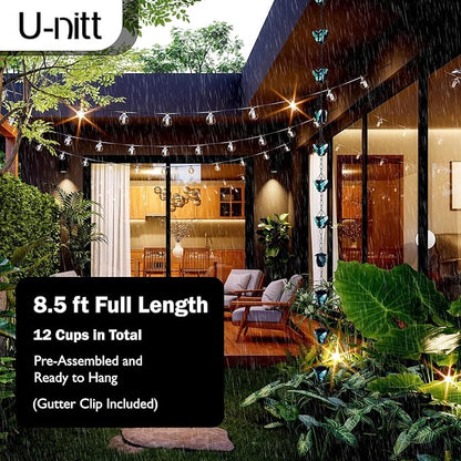 Rain Chain Water Collection for Gutters, Rainwater Catcher & Diverter, 8.5 FT Chains for Outside Garden, Butterfly Bucket Cups, Roof Downspout, Works with Heavy Rain, w/ Gutter Clip for Rainchains