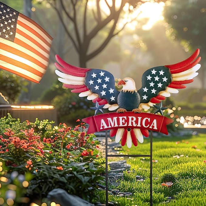 TERESA'S COLLECTIONS 4th of July Decorations for Outdoor, Patriotic Memorial Day Garden Decor, Eagle Metal Yard Art Sign for Outside, Americana Garden Stake for Lawn, Independence Day Gifts, 26.7''