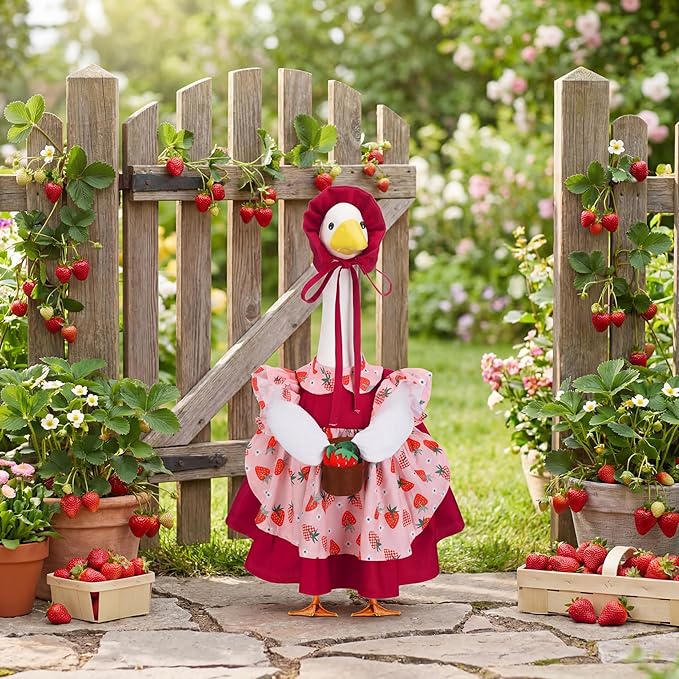 Abbylike Spring Porch Goose Outfit Strawberry Porch Goose Skirt Costume Clothes Fits Large 23'' Cement Statue for Summer Garden Outdoor Yard Lawn Patio Decorations