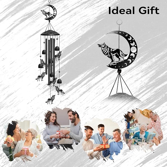 Wolf Wind Chimes for Outside, 32" Decorative Wind Chimes Wolf Gifts for Women, Memorial Windchimes Outdoors with S Hook for Patio Garden Decor, Birthday Gifts for Mom Grandma (Black)
