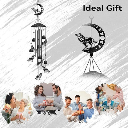 Wolf Wind Chimes for Outside, 32" Decorative Wind Chimes Wolf Gifts for Women, Memorial Windchimes Outdoors with S Hook for Patio Garden Decor, Birthday Gifts for Mom Grandma (Black)