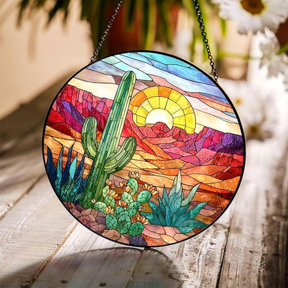 7.8" Cactus Suncatcher Stained Glass Window Hanging Green Plant Sun Catchers Desert Landscape Ornament Wall Art Door Terrace Garden Home Decor Birthday for Women Men Mom