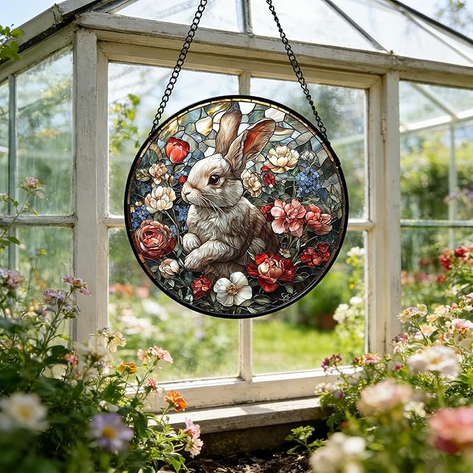 DASTOLL Stained Glass Window Hanging - Cute Rabbit Flowers Suncatcher Ready to Hang Window Doors Home Decoration, Christmas, Mother's Day Birthday Gifts for Women, Men, and Mom 7.8x7.8 in