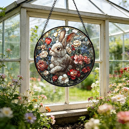 DASTOLL Stained Glass Window Hanging - Cute Rabbit Flowers Suncatcher Ready to Hang Window Doors Home Decoration, Christmas, Mother's Day Birthday Gifts for Women, Men, and Mom 15x15 in
