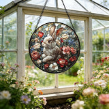 DASTOLL Stained Glass Window Hanging - Cute Rabbit Flowers Suncatcher Ready to Hang Window Doors Home Decoration, Christmas, Mother's Day Birthday Gifts for Women, Men, and Mom 9.8x9.8 in