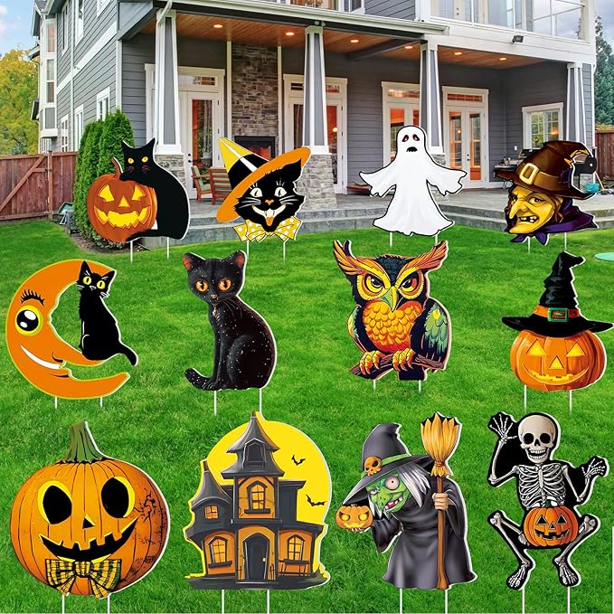 Amyhill 12 Pcs Halloween Yard Signs Vintage Lawn Decorations with Stakes Sturdy Corrugated Plastic Outdoor Decorations Witch Black Cat Pumpkin Ghost Owl Skeleton Garden Signs for Scary Halloween Party