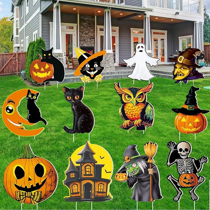 Amyhill 12 Pcs Halloween Yard Signs Vintage Lawn Decorations with Stakes Sturdy Corrugated Plastic Outdoor Decorations Witch Black Cat Pumpkin Ghost Owl Skeleton Garden Signs for Scary Halloween Party
