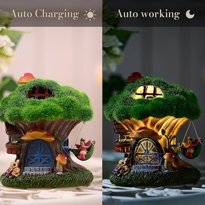 TERESA'S COLLECTIONS Fairy House Outdoor Statues with Solar Light for Garden Decor, Green Moss Resin Outdoor Cottage with Swinging Fairy, Lawn Ornaments Yard Decor Gifts for Mom Women, 5.1"
