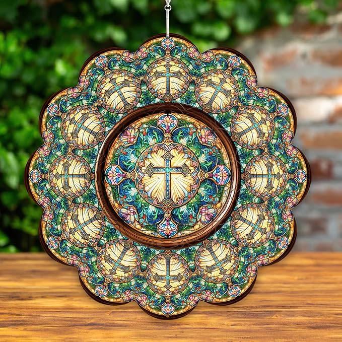 12 Inch 3D Kinetic Wind Spinner for Garden and Yard, Laser-Cut Stainless Steel, Mesmerizing Hanging Decor for Outdoor Patio & Indoor, Cathedral Cross-05