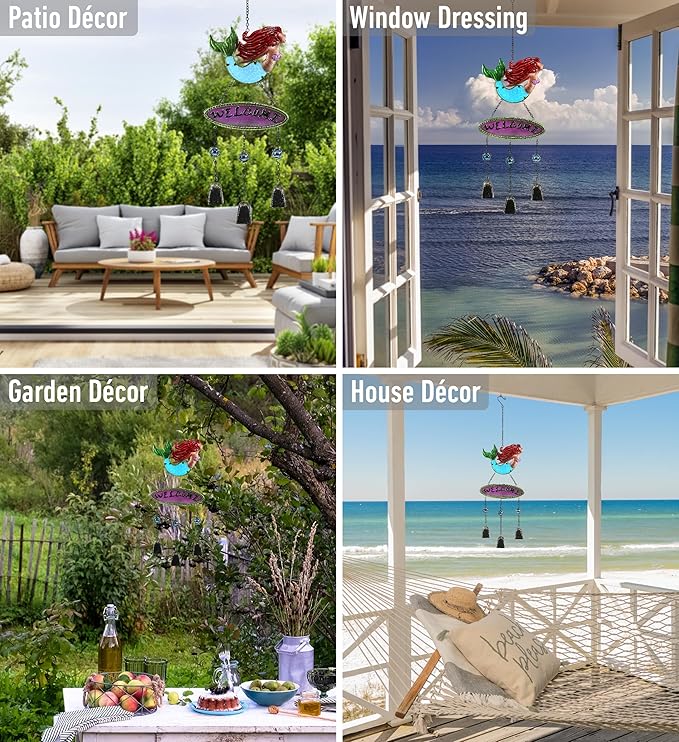 CoTa Global Mermaid Wind Chime - Handmade Glass and Metal Chime - Ocean Life Hanging Decor - Colorful Home Decor Gift, Indoor and Outdoor Hanging Decoration for Porch, Patio, and Garden - 25.5 Inches