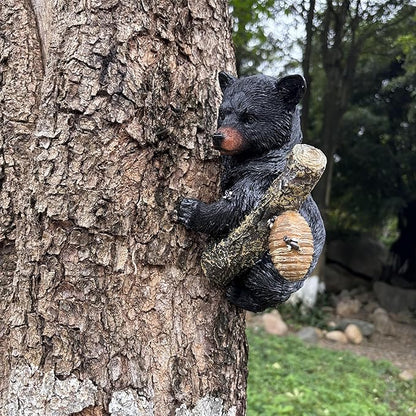 Black Bear cub Tree Hugger Decor. Forest Wildlife Animal Stadue，Climbing Tree Statue Hanging,Tree-Mounted - Realistic Polyresin stadue - for Housewarming, Outer Door,Garden, Yard.