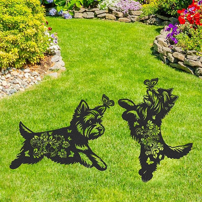 Yorkie Metal Garden Stakes - 2 Pcs Animal Yard Statues Dog Decor Patio Lawn Decoration Outside Waterproof Butterfly Flower Silhouette Pathway Sign Christmas Birthday Gifts for Dogs Lover