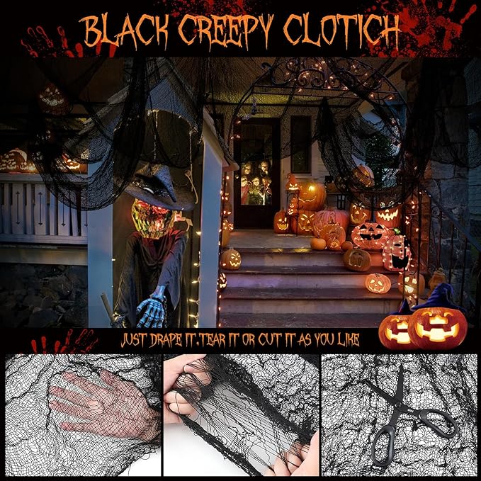 6 Pcs Halloween Decorations Creepy Cloth Indoor Outdoor, Scary Gauze Halloween Party Decoration, Spooky Home Decor Supplies for Table Tree Garden Doorways Haunted House Yard Skeleton (Black, 30"x72")