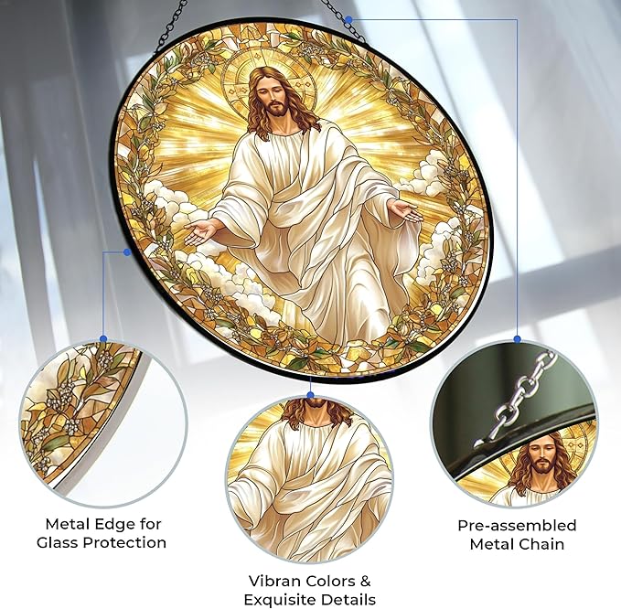Jesus Christ Suncatchers for Windows,6.3” Stained Glass Window Hangings,Hand-Painted Glass Panel Perfect for Home Décor