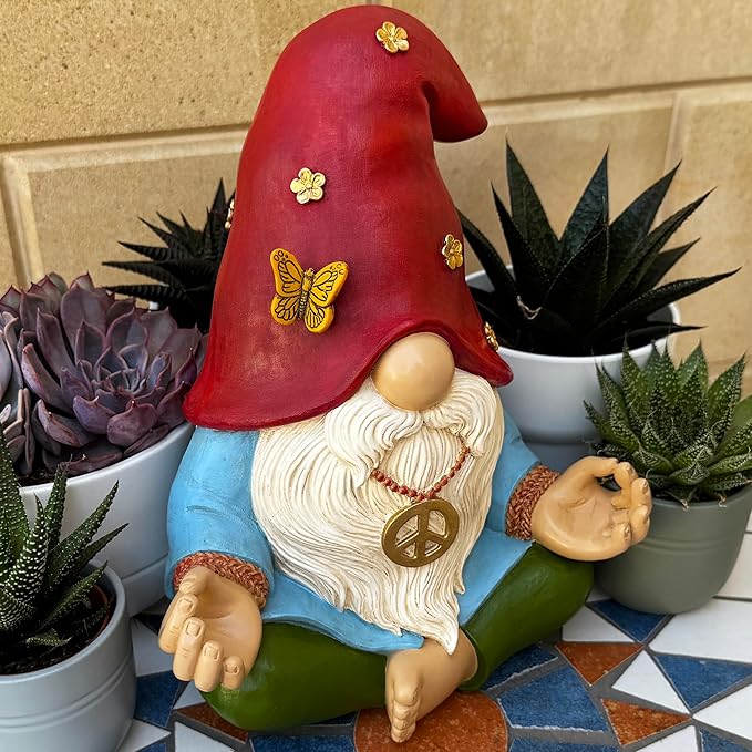 Mood Lab Garden Gnome - Funny Zen Hippie Gnome Figurine - 9.1 Inch Tall Lawn Statue - for Outdoor or House Decor