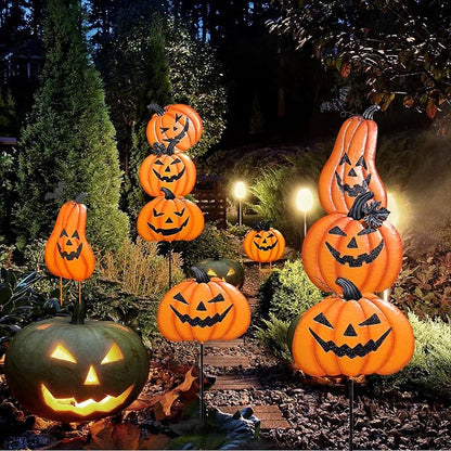 2 Pack Halloween/Thanksgiving Garden Stakes, Outdoor Party Décor Stacked Metal Pumpkins Jack-o-Lantern Lawn Decor, Yard Signs Stake Outdoor Decorative Pumpkin Home Lawn Pathway Driveway Decorations